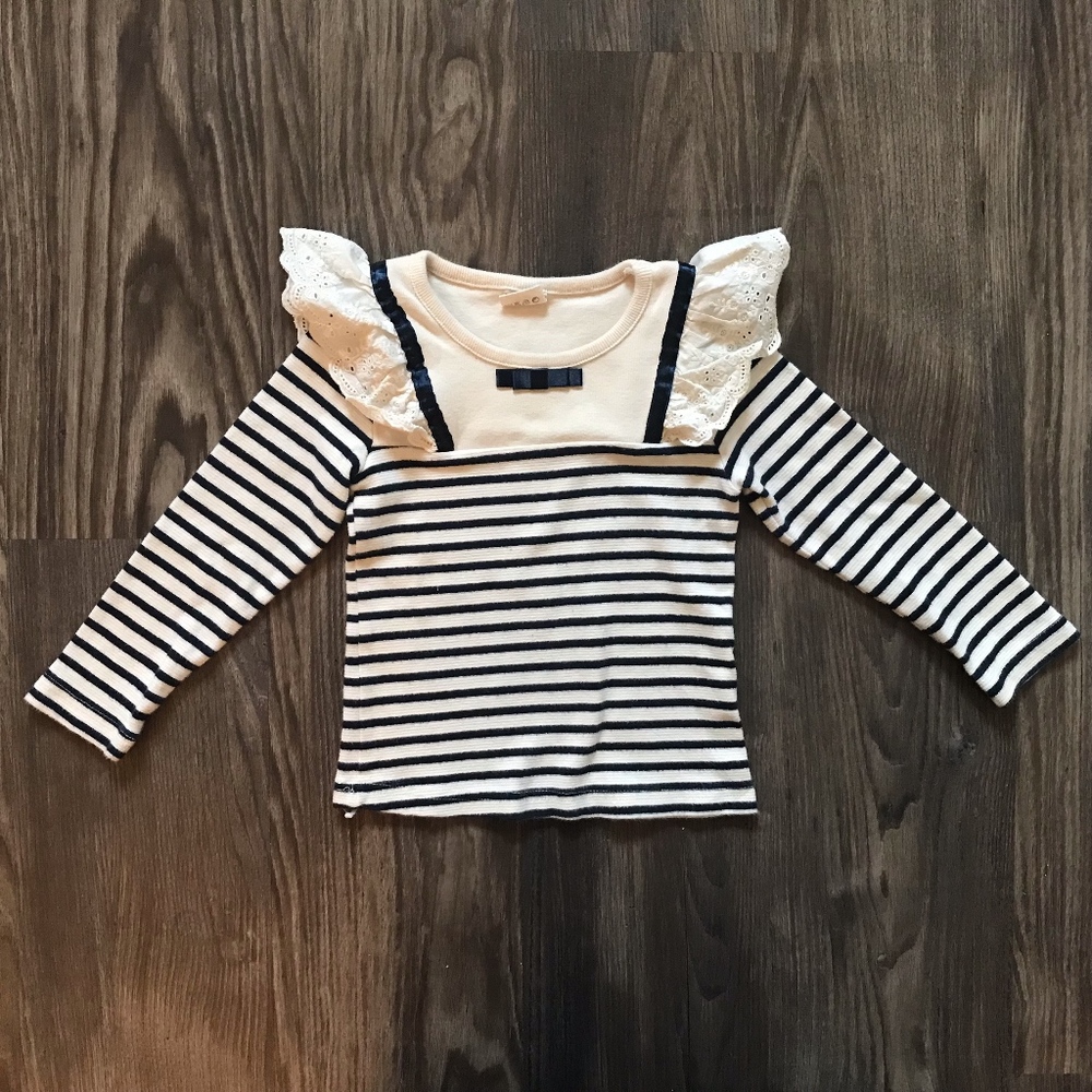 Navy Blue and White Stripped and Lace Blouse